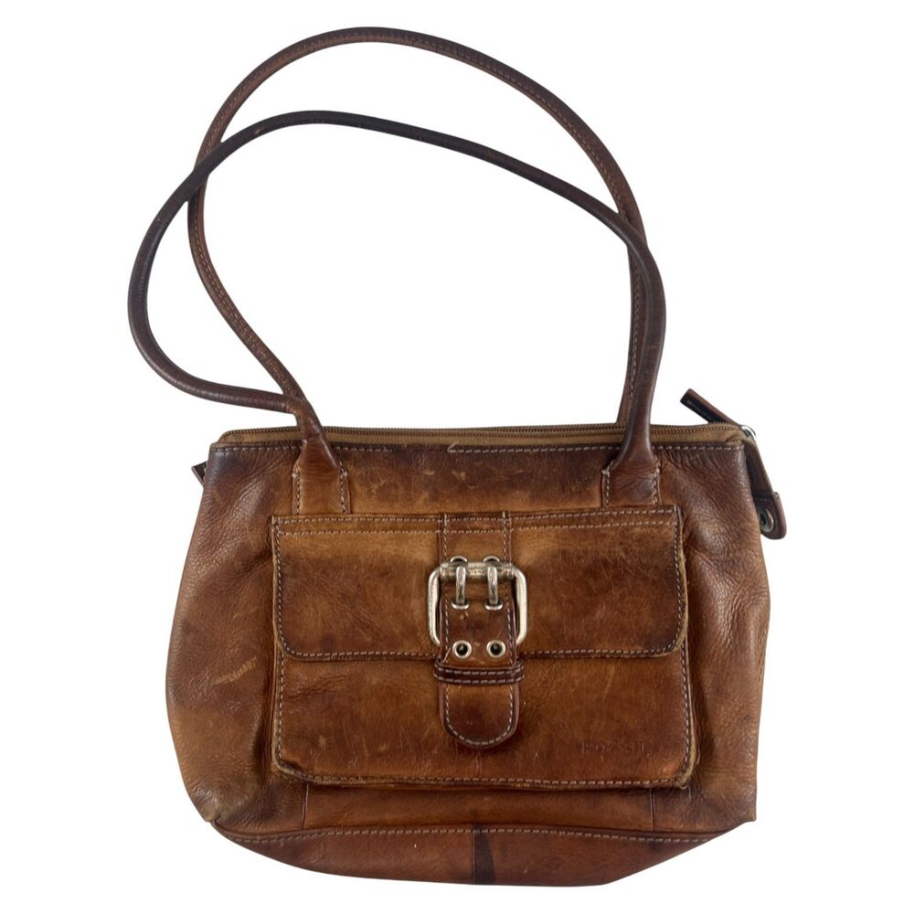 Vintage Fossil Brown Leather Satchel Organizer Purse